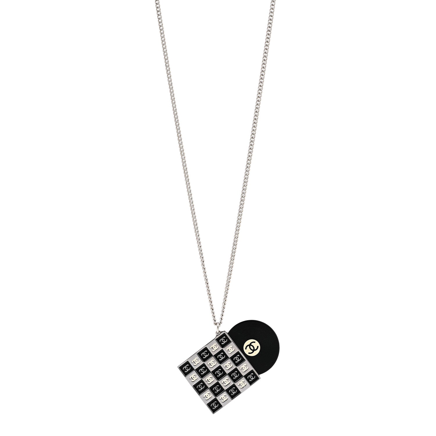 Chanel Metal Resin CC Vinyl Record Player Necklace Black White 1 of 6