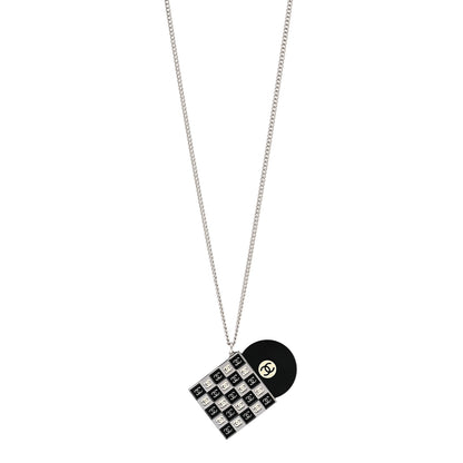 Chanel Metal Resin CC Vinyl Record Player Necklace Black White 1 of 6