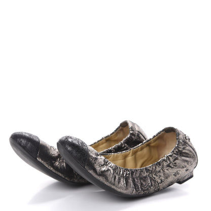 Chanel Metallic Crackled Calfskin CC Elastic Cap Toe Ballerina Flats 35 Dark Brown Black 3 of 7