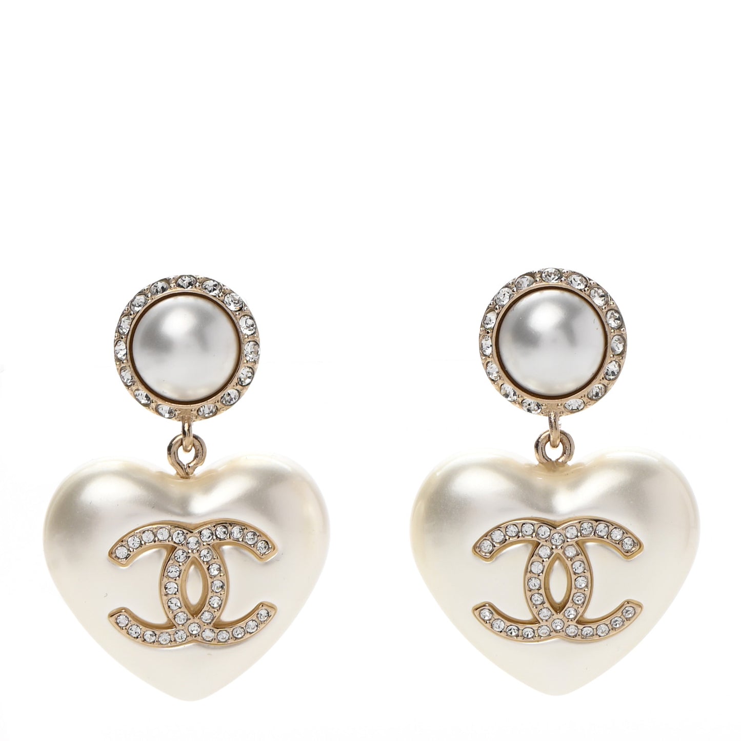 Pearl Crystal CC Heart Drop Earrings Gold