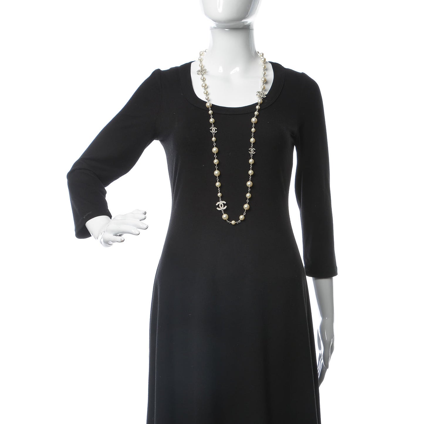 Crystal Pearl CC Long Necklace Silver