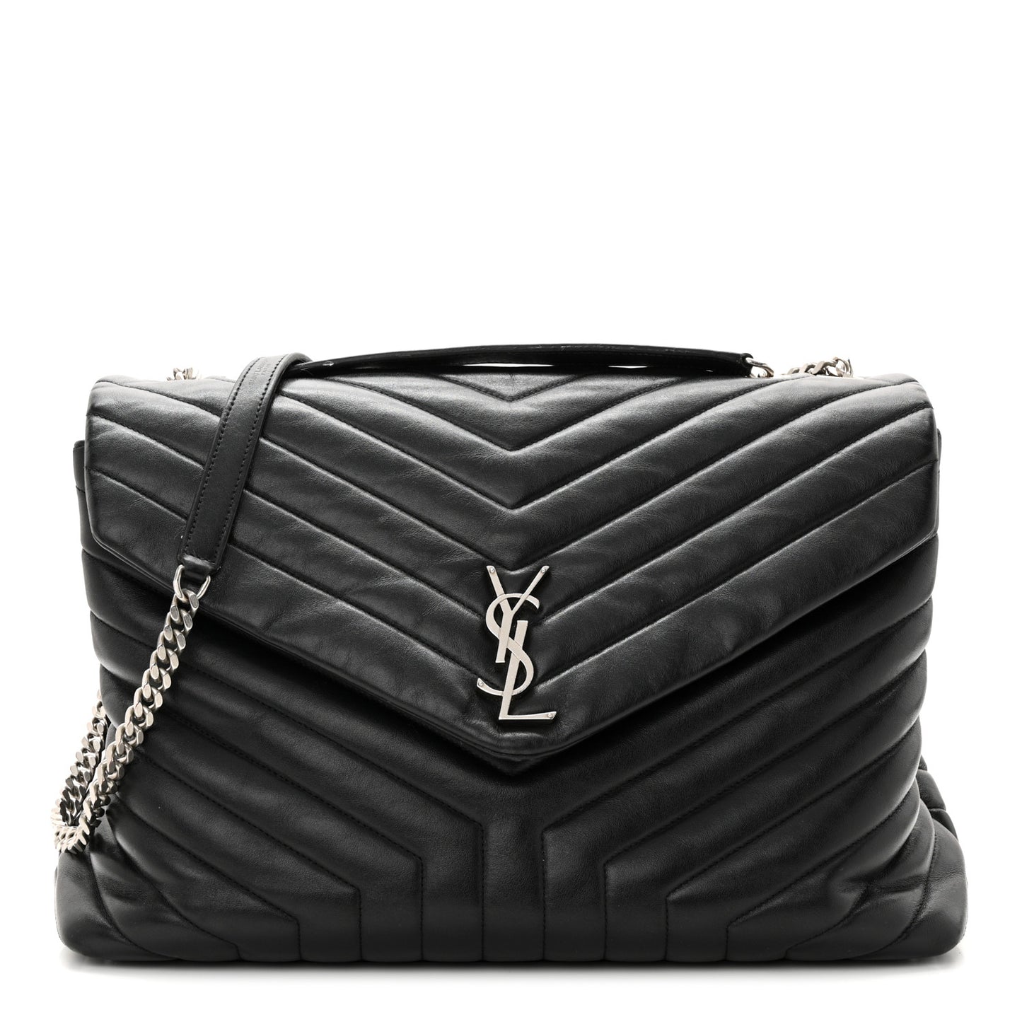 Calfskin Y Quilted Monogram Large Loulou Chain Satchel Black