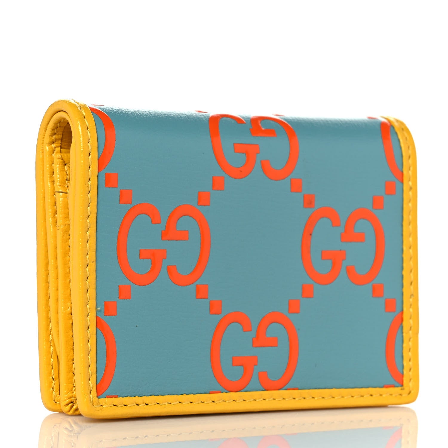 Gucci Azalea Calfskin GG Monogram Bi-Color Debossed Horsebit 1955 Card Case Wallet Dusty Azure Stone Topaz Deep Orange 3 of 10