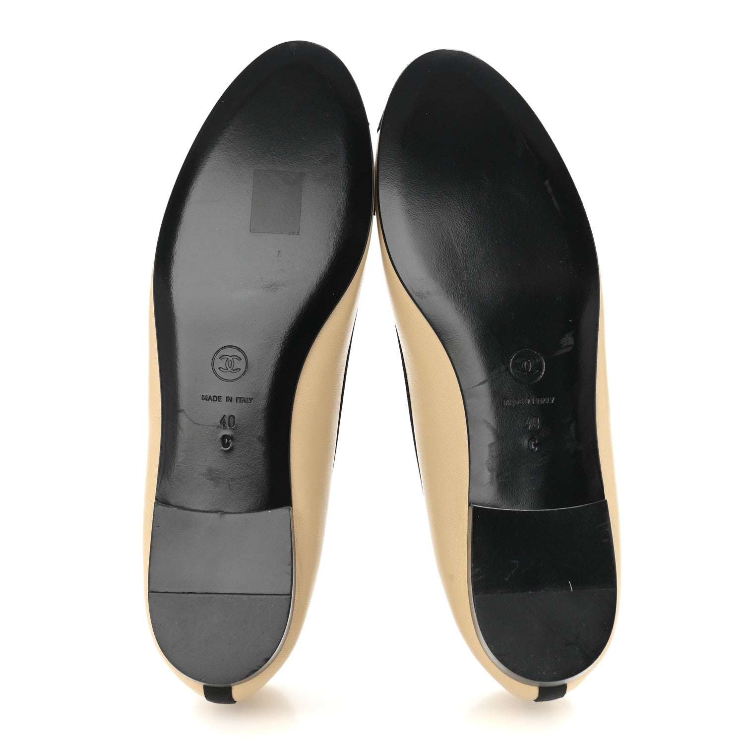 Chanel Lambskin Grossgrain Cap Toe Bow CC Ballerina Flats 40 Beige Black 6 of 9