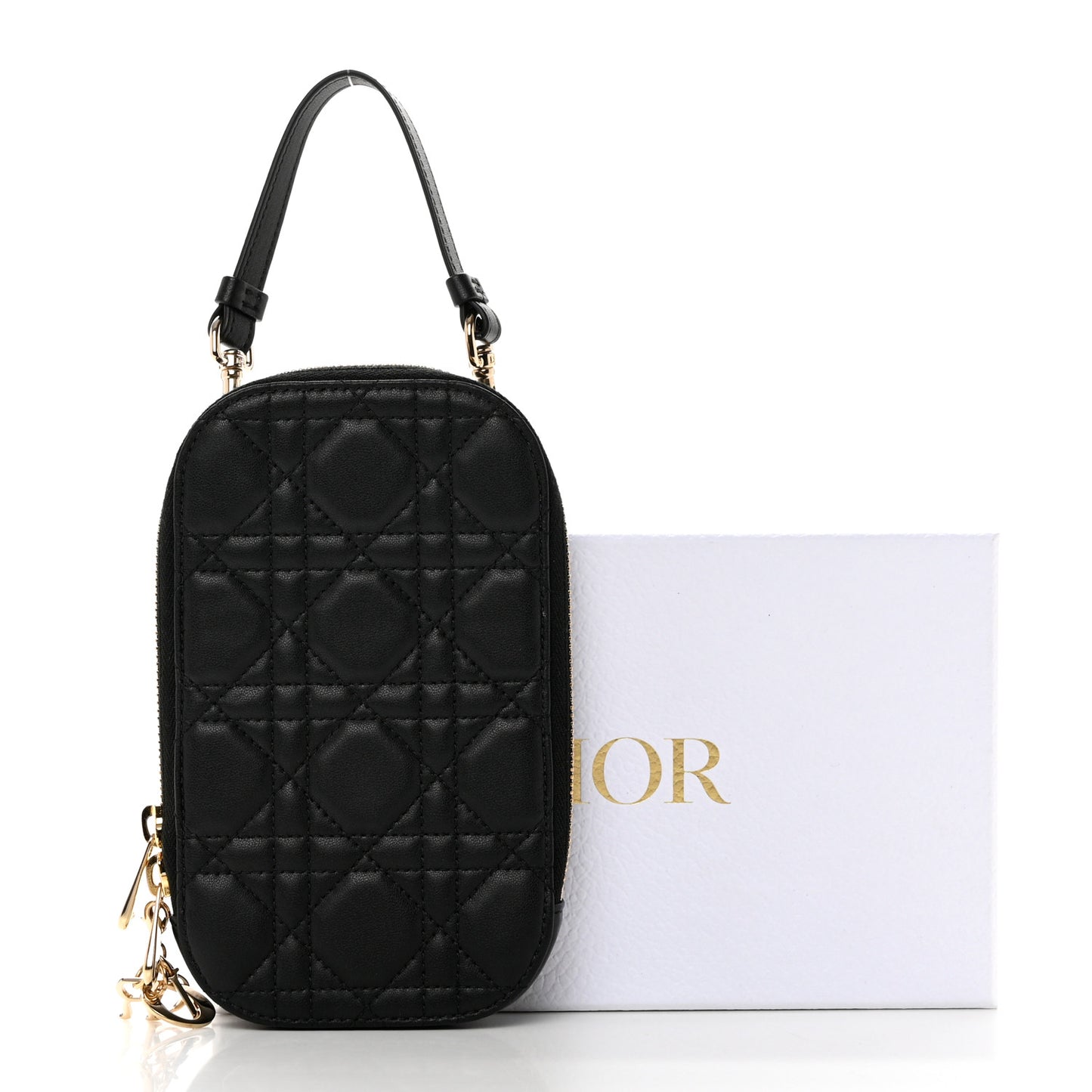 Lambskin Cannage Lady Dior Phone Holder Black
