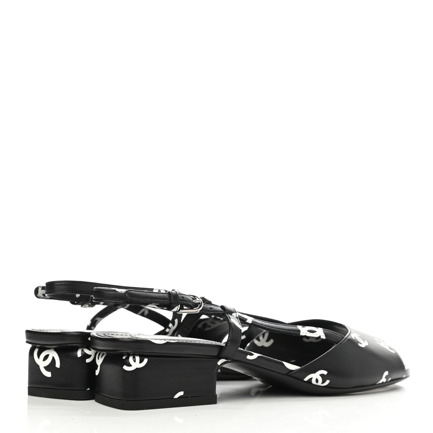 Chanel Printed Lambskin CC Slingback Sandals 37.5 Black White 4 of 9