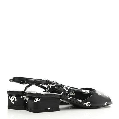 Chanel Printed Lambskin CC Slingback Sandals 37.5 Black White 4 of 9