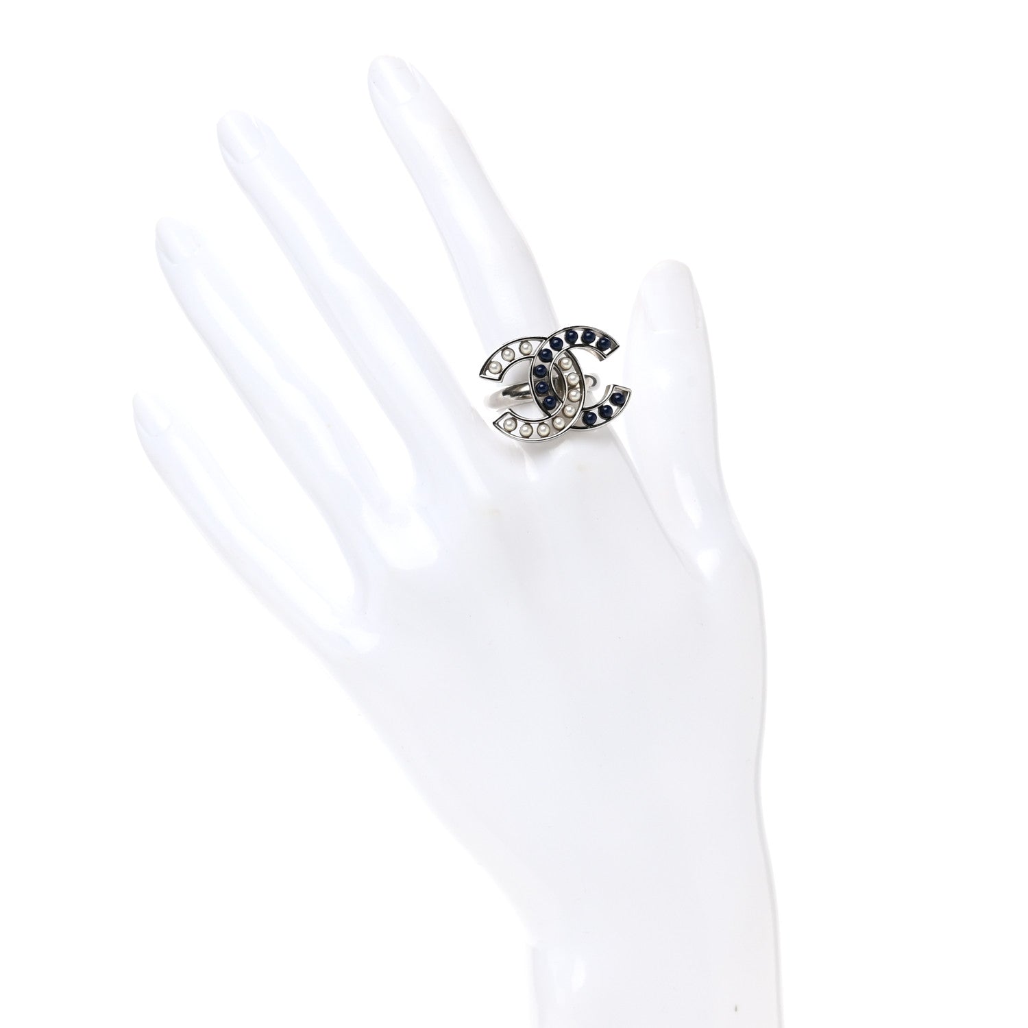 Chanel Pearl Bead CC Ring 7 Silver Blue 2 of 5