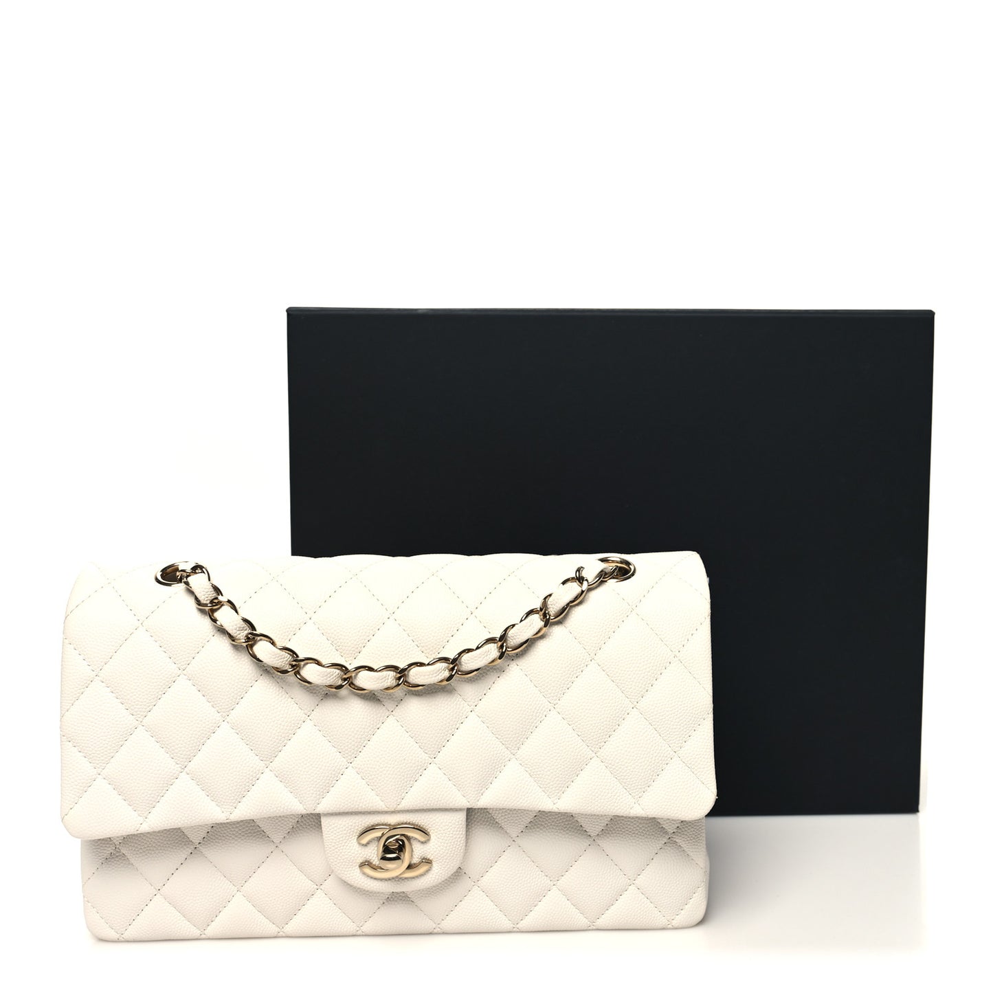 Caviar Quilted Medium Double Flap White