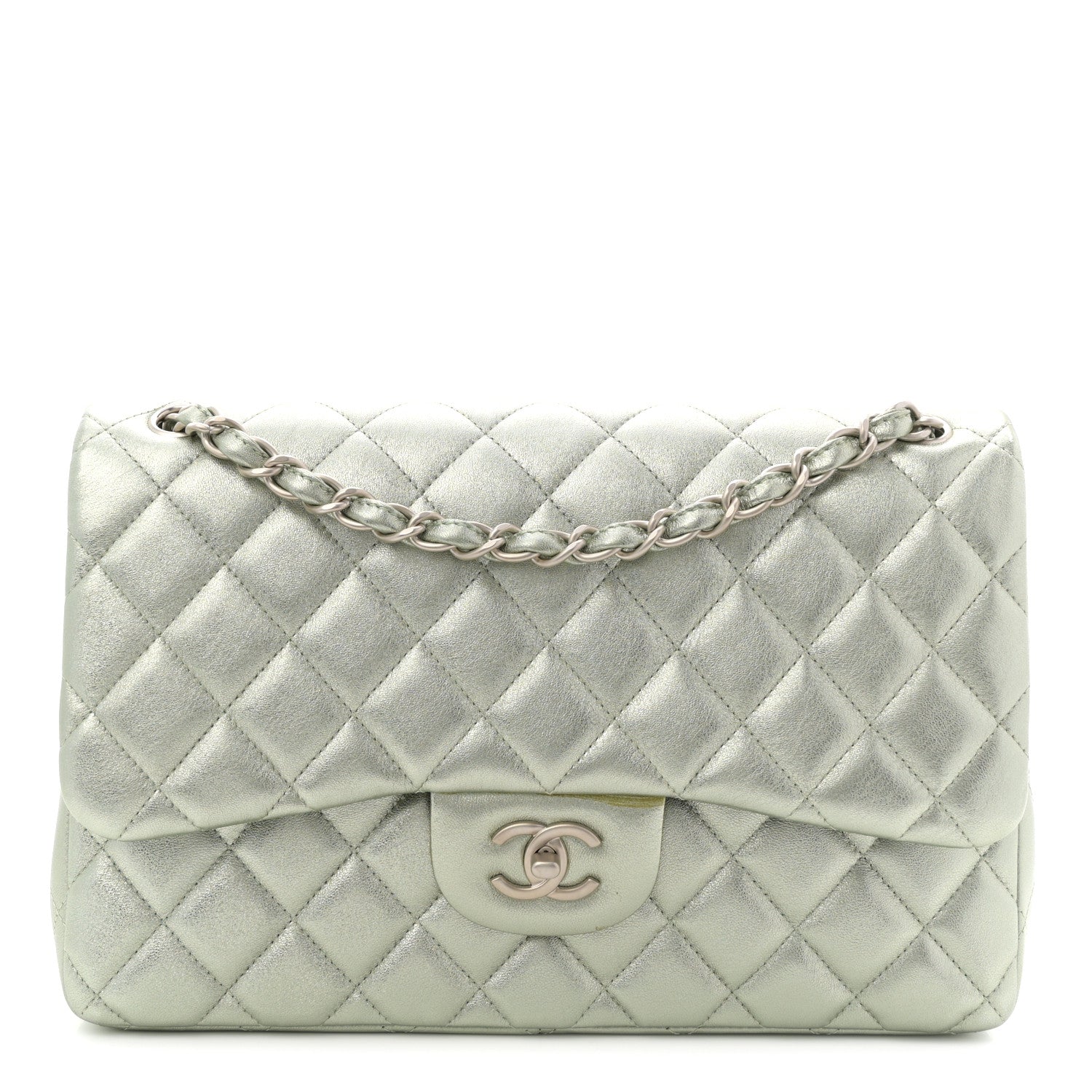 Chanel Metallic Lambskin Quilted Jumbo Double Flap Green 1 of 12