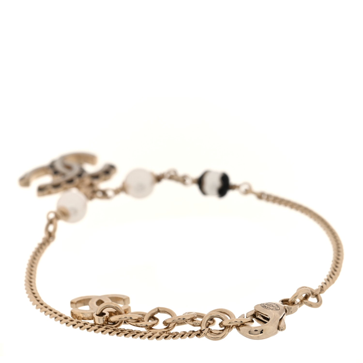 Chanel Metal Enamel Pearl CC Bracelet Gold Black White 3 of 5