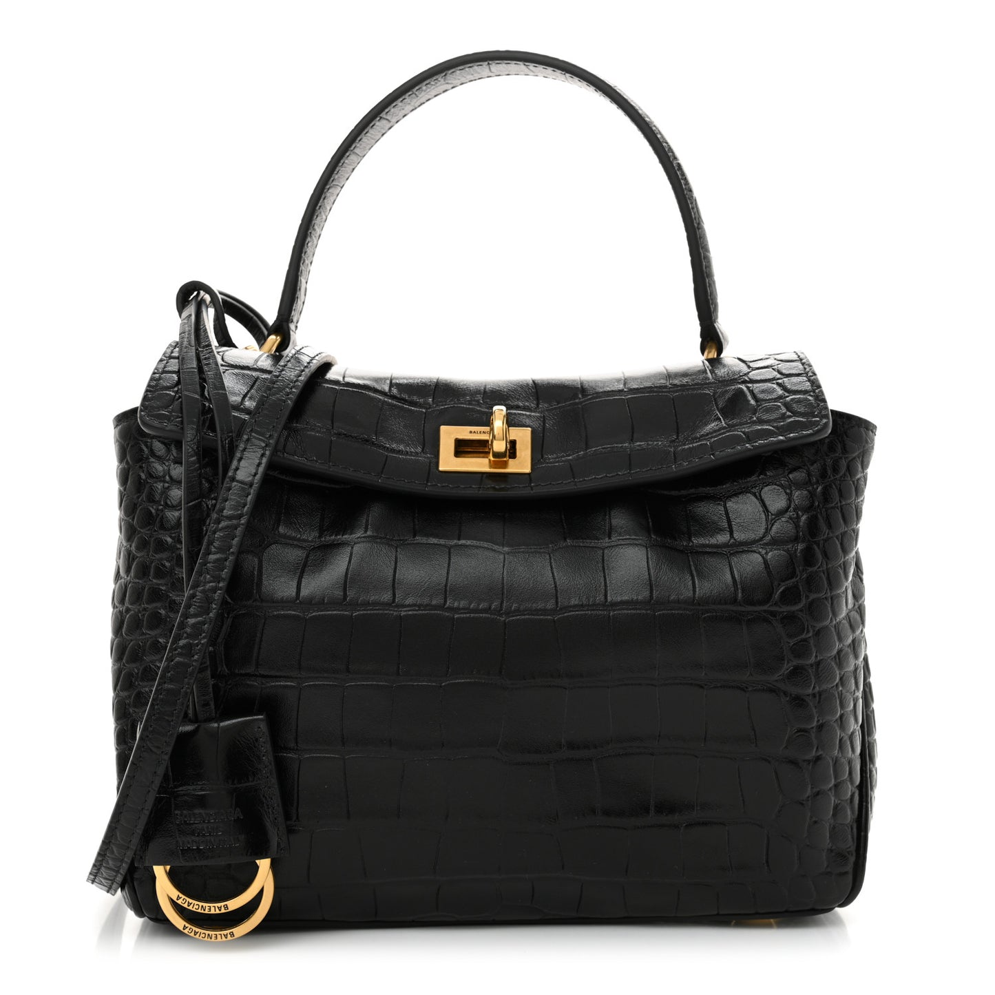 Shiny Calfskin Crocodile Embossed Mini Rodeo Top Handle Handbag Black