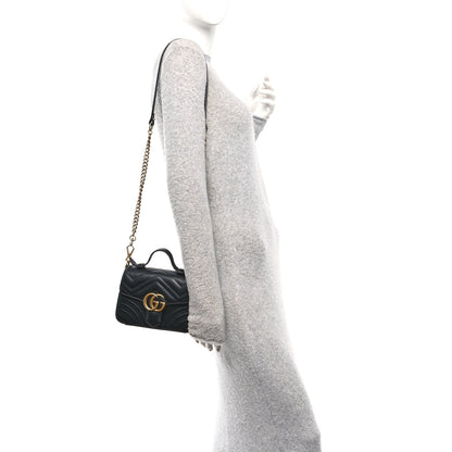 Gucci Calfskin Matelasse Mini GG Marmont Top Handle Shoulder Bag Black 2 of 10