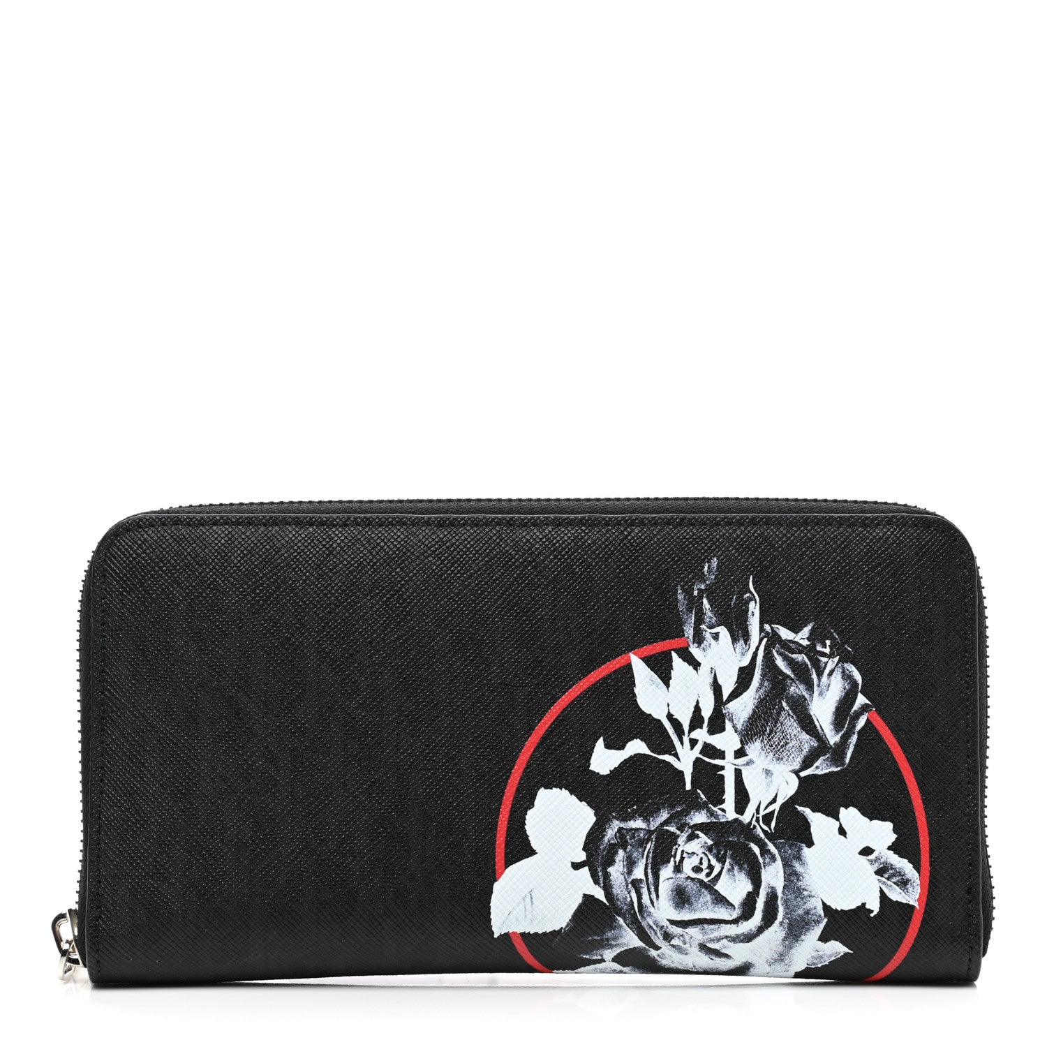 Christian Dior Grained Calfskin Rose Print Voyageur Zip Around Wallet Black Multicolor 1 of 8