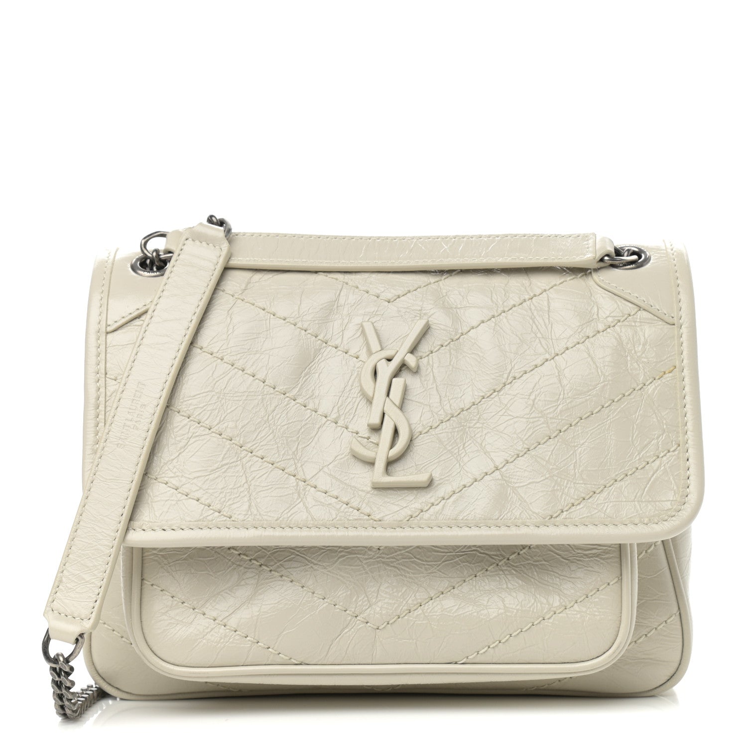 Saint Laurent Crinkled Calfskin Matelasse Monogram Baby Niki Chain Satchel Blanc Vintage 1 of 12