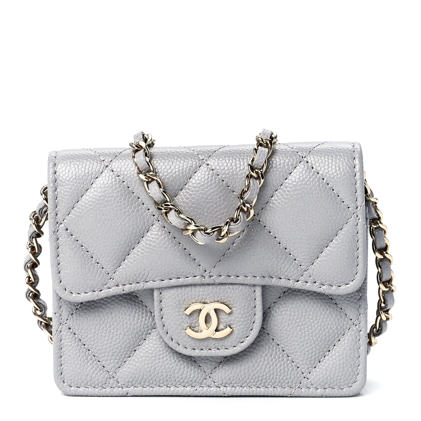 Caviar Quilted Flap Card Holder On Chain Grey