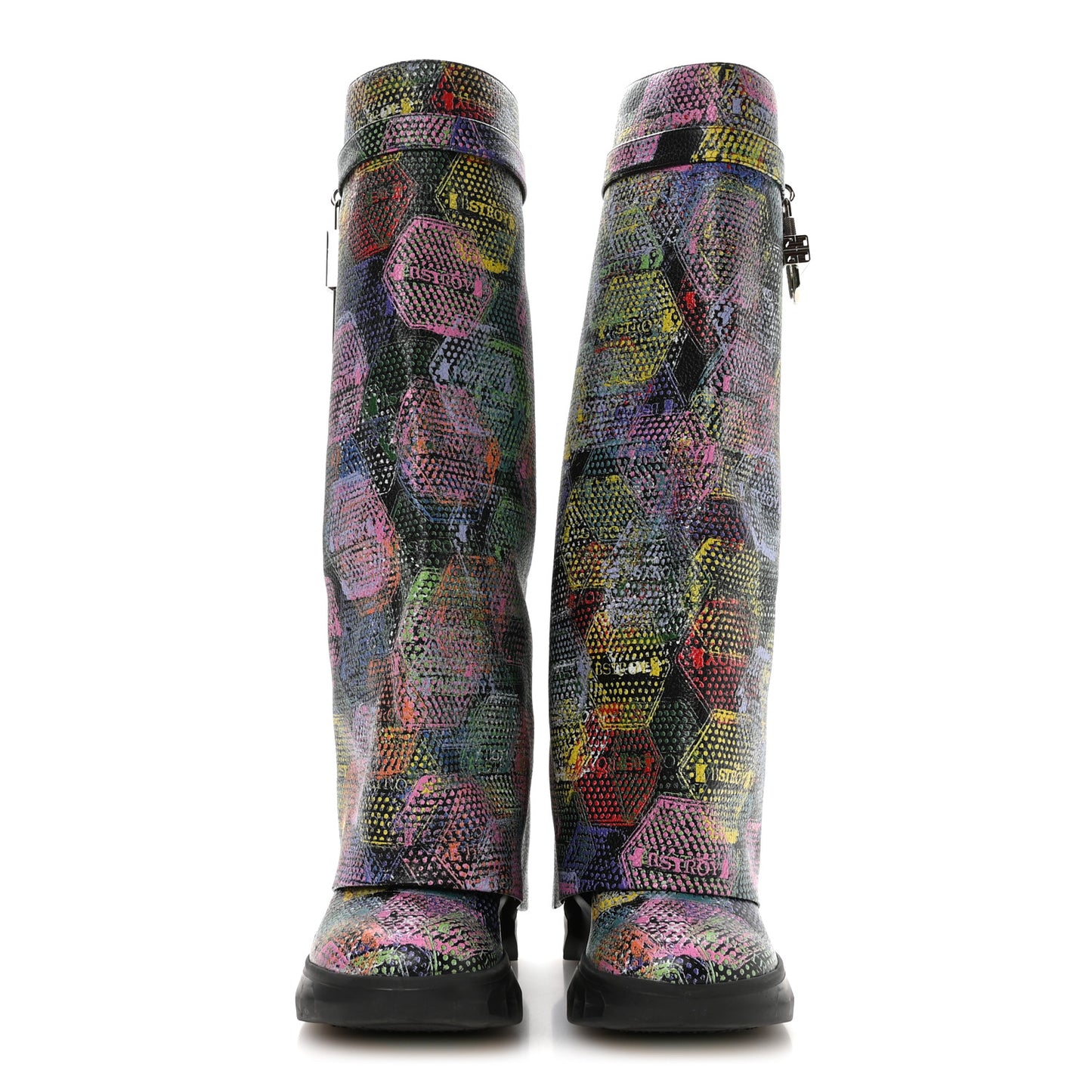 Grained Calfskin Printed Shark Lock Biker Knee Boots 41 Black Multicolor