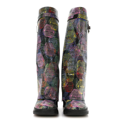 Givenchy Grained Calfskin Printed Shark Lock Biker Knee Boots 41 Black Multicolor 2 of 7