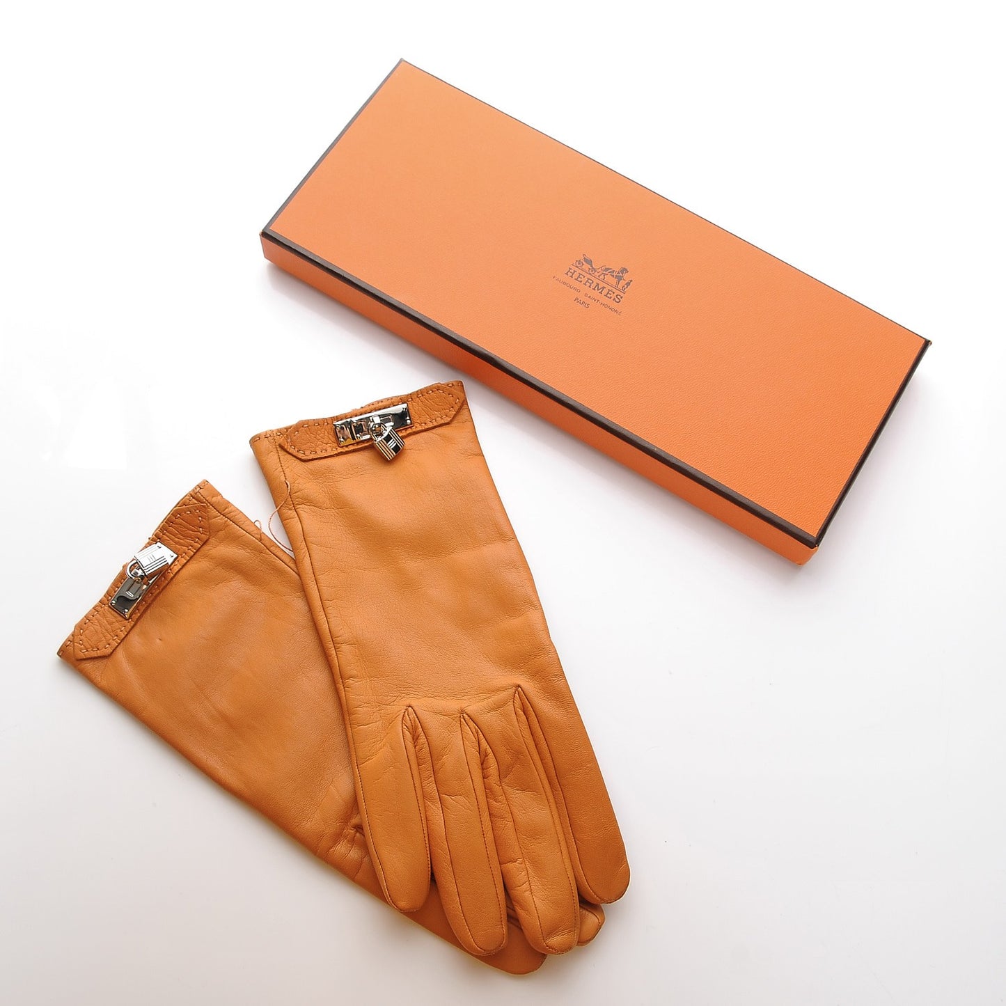 Lambskin Soya Kelly Lock Gloves 7.5 Orange