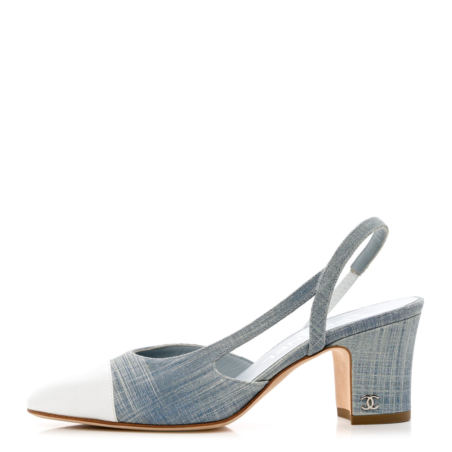 Denim Lambskin Cap Toe CC Slingback Pumps 35 Light Blue White