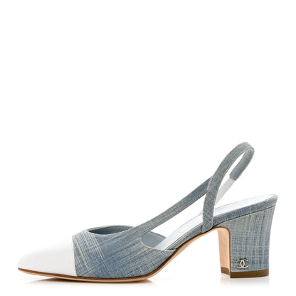 Chanel Denim Lambskin Cap Toe CC Slingback Pumps 35 Light Blue White 1 of 9