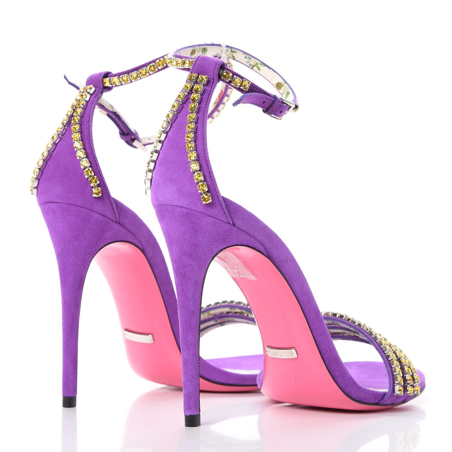 Gucci Kid Scamosciato Crystal Ankle Strap High Heel Sandals 37.5 Light Topaz Shine Purple 4 of 8