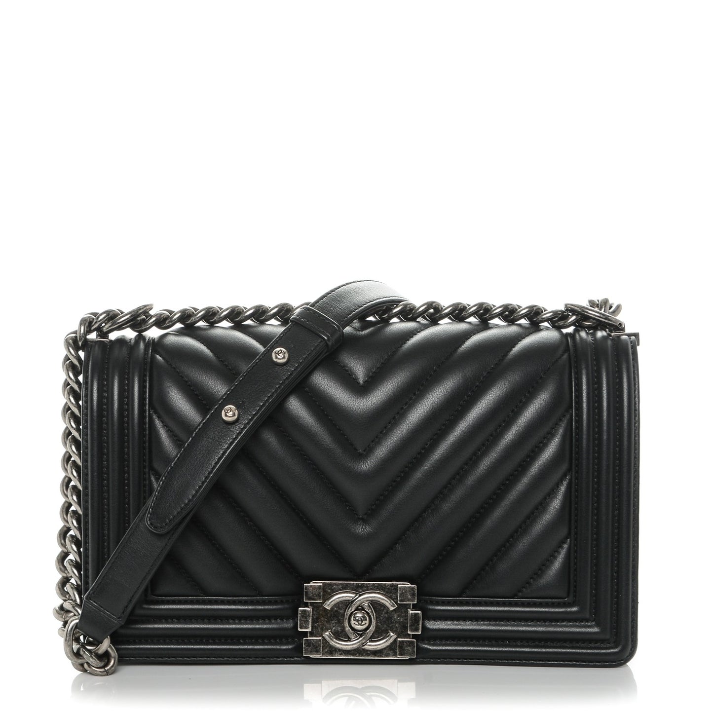 Calfskin Chevron Quilted Medium Boy Flap Black