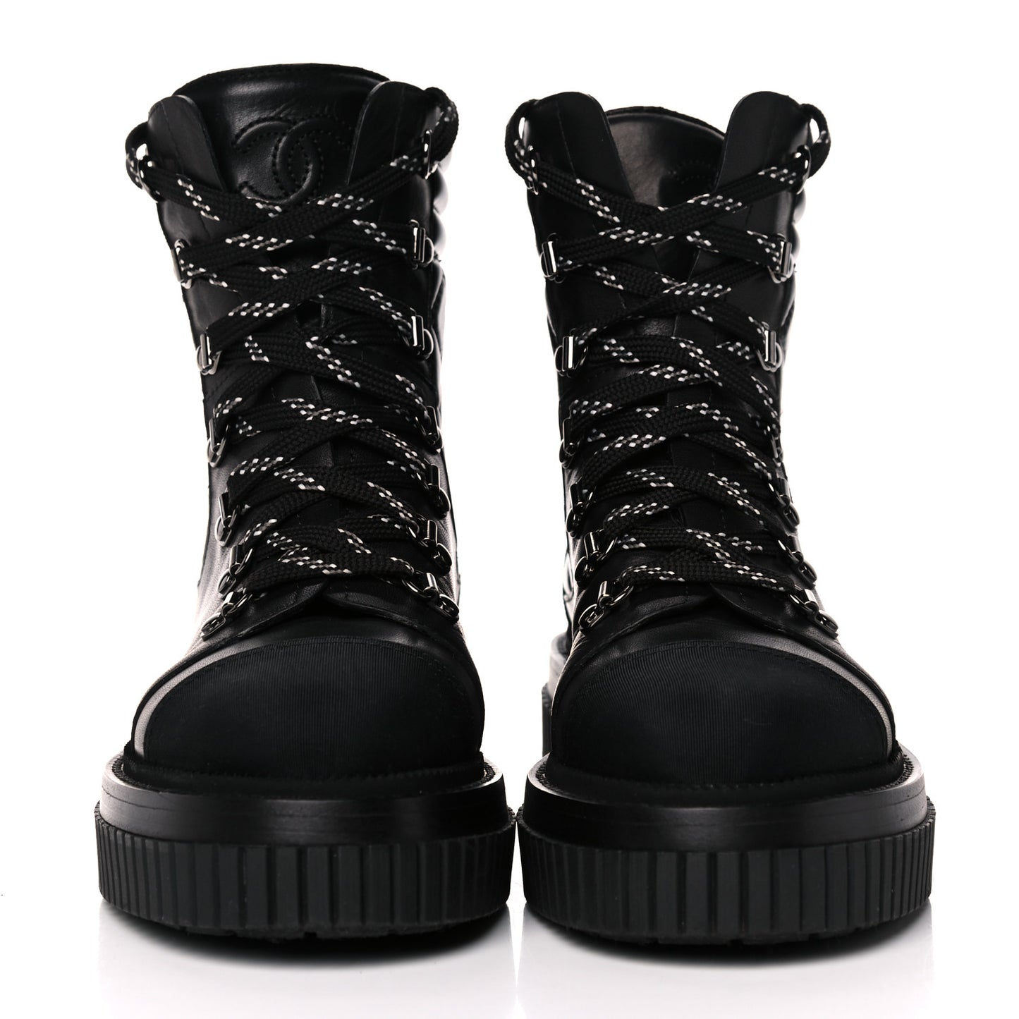 Calfskin Grosgrain Quilted Lace Up Boots 37 Black Grey