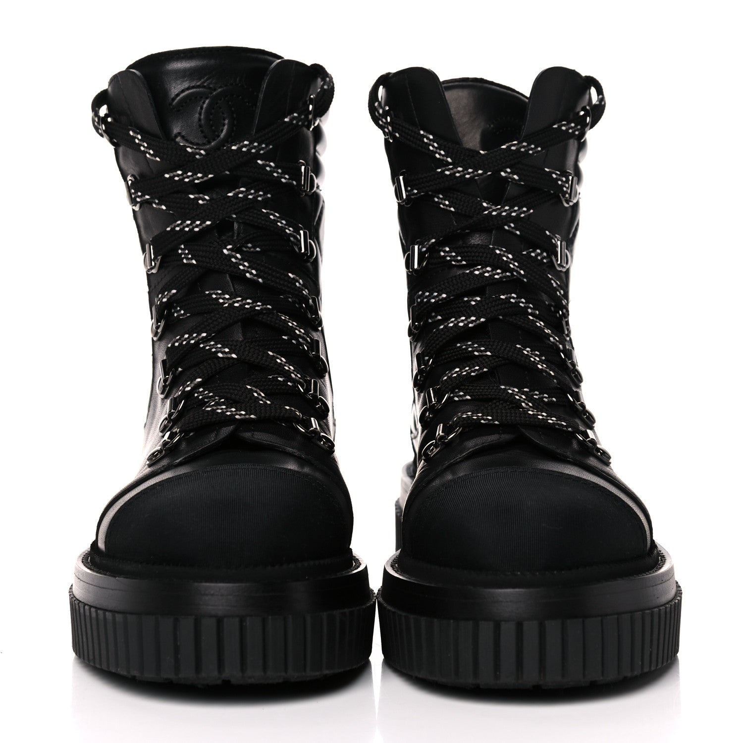 Chanel Calfskin Grosgrain Quilted Lace Up Boots 37 Black Grey 2 of 10