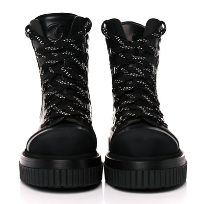 Chanel Calfskin Grosgrain Quilted Lace Up Boots 37 Black Grey 2 of 10