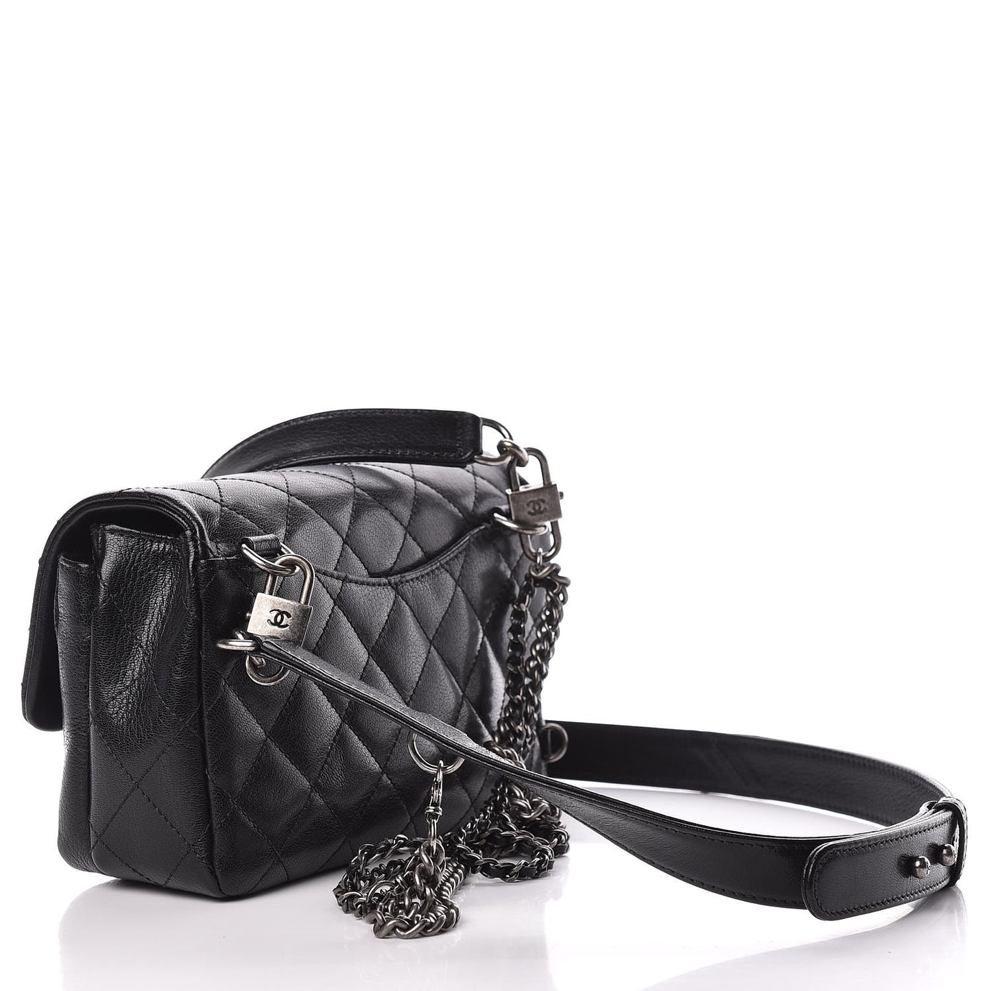 Shiny Goatskin Quilted Small Double Carry Waist Chain Flap Black