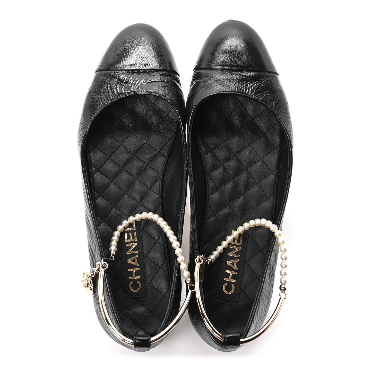 Shiny Lambskin Pearl Cap Toe Ankle Chain Ballerina Flats 41 Black
