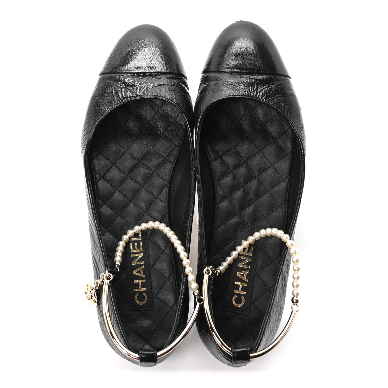 Chanel Shiny Lambskin Pearl Cap Toe Ankle Chain Ballerina Flats 41 Black 2 of 9