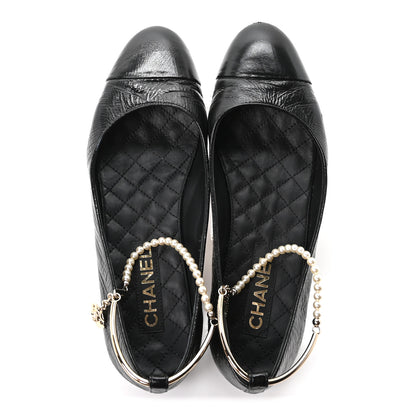 Chanel Shiny Lambskin Pearl Cap Toe Ankle Chain Ballerina Flats 41 Black 2 of 9