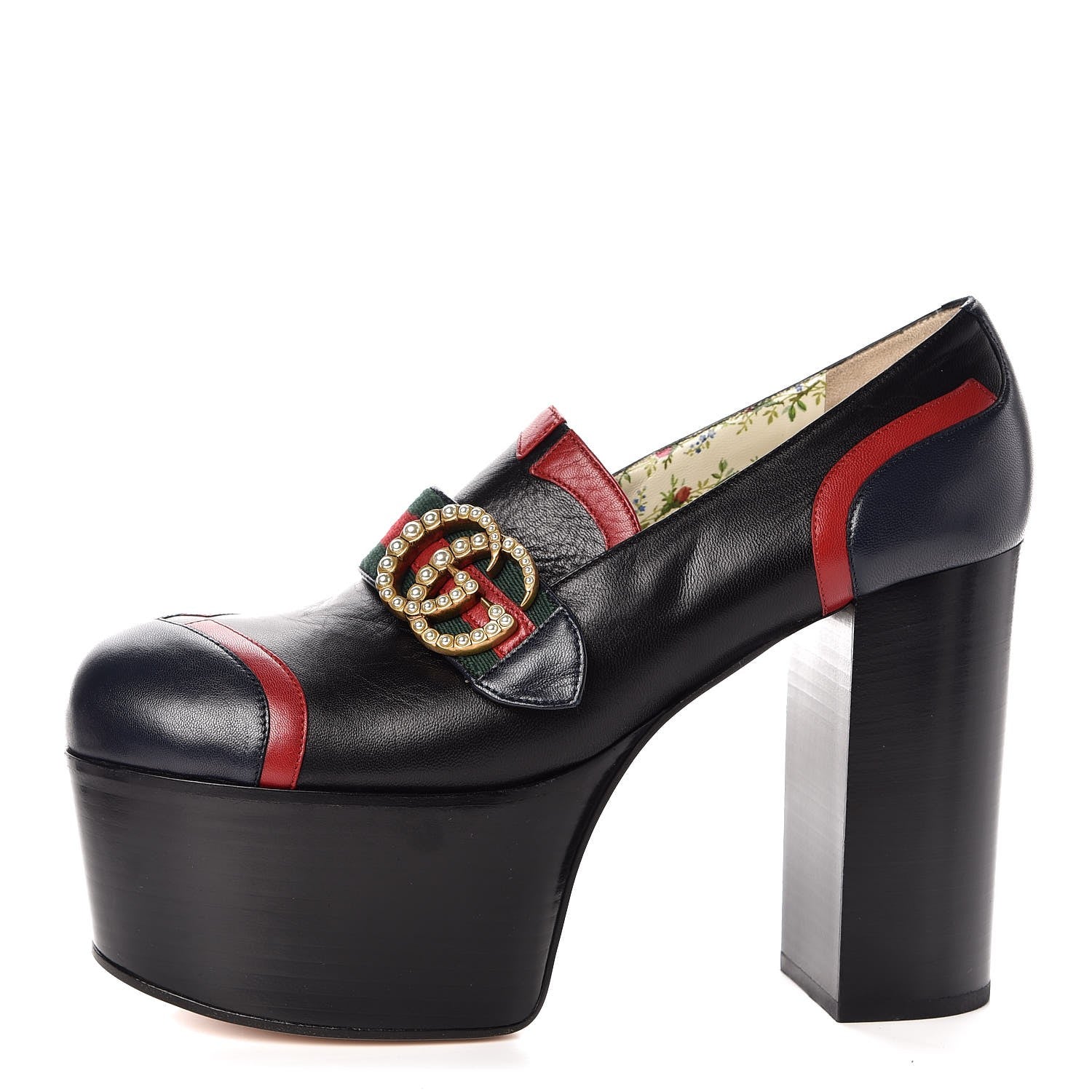 Gucci Malaga Kid Web Pearly GG Platform Loafer Pumps 39.5 Black Hibiscus Red Mystic White Blue 1 of 7