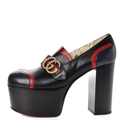 Gucci Malaga Kid Web Pearly GG Platform Loafer Pumps 39.5 Black Hibiscus Red Mystic White Blue 1 of 7