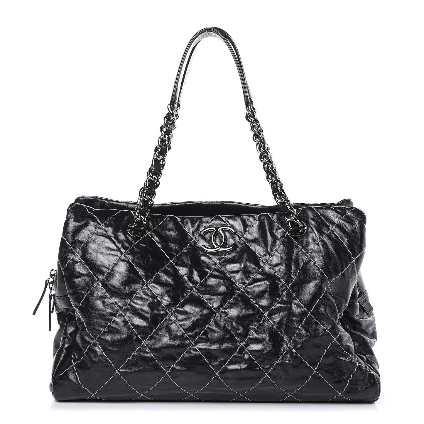 Glazed Goatskin Double Contrast Stitch Large Tote Black