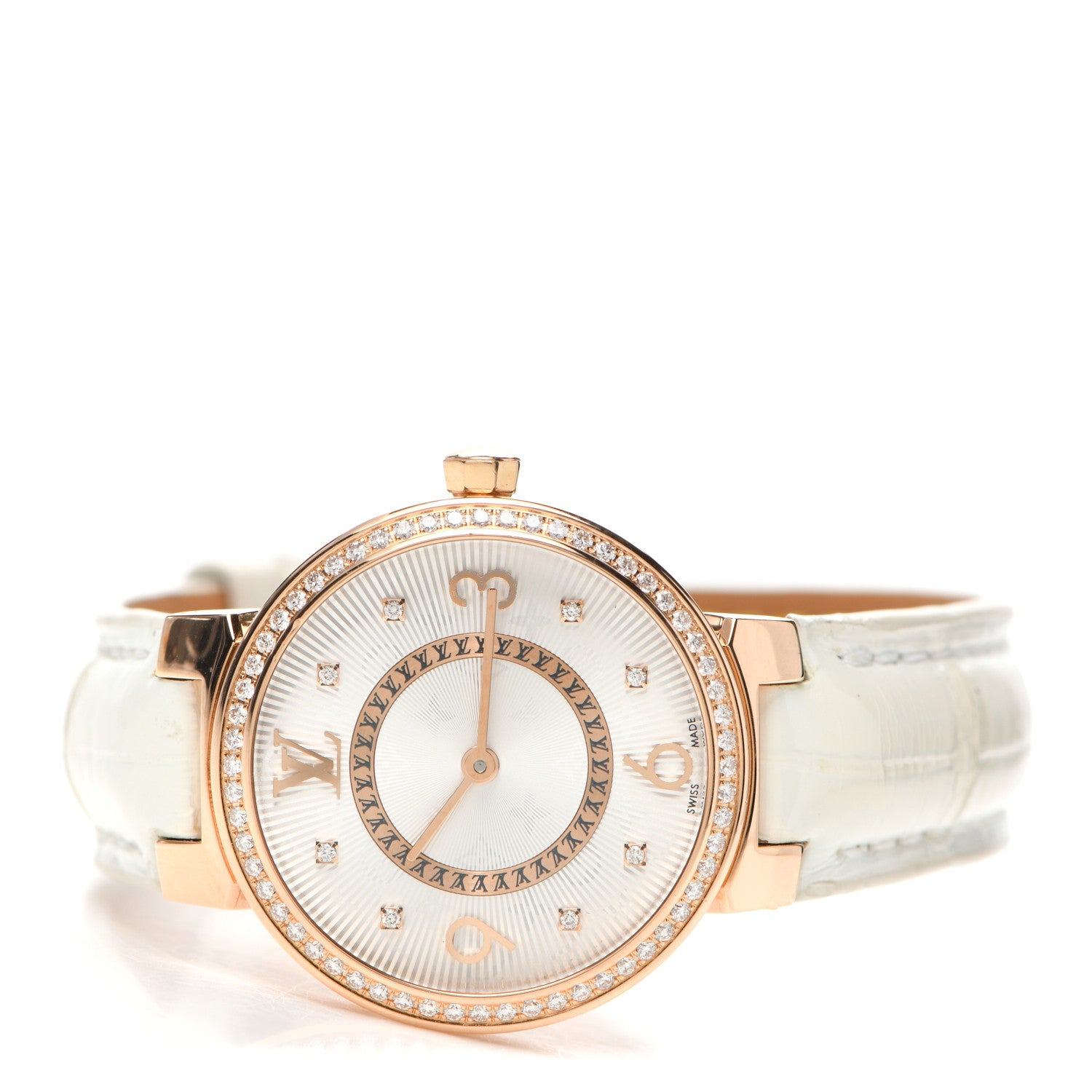 Louis Vuitton 18K Pink Gold Alligator Diamond 28mm Tambour Quartz Watch 2 of 7