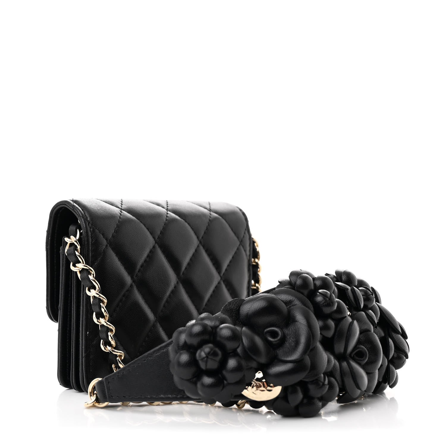 Chanel Lambskin Quilted Camellia Card Holder On Chain Black 3 of 12