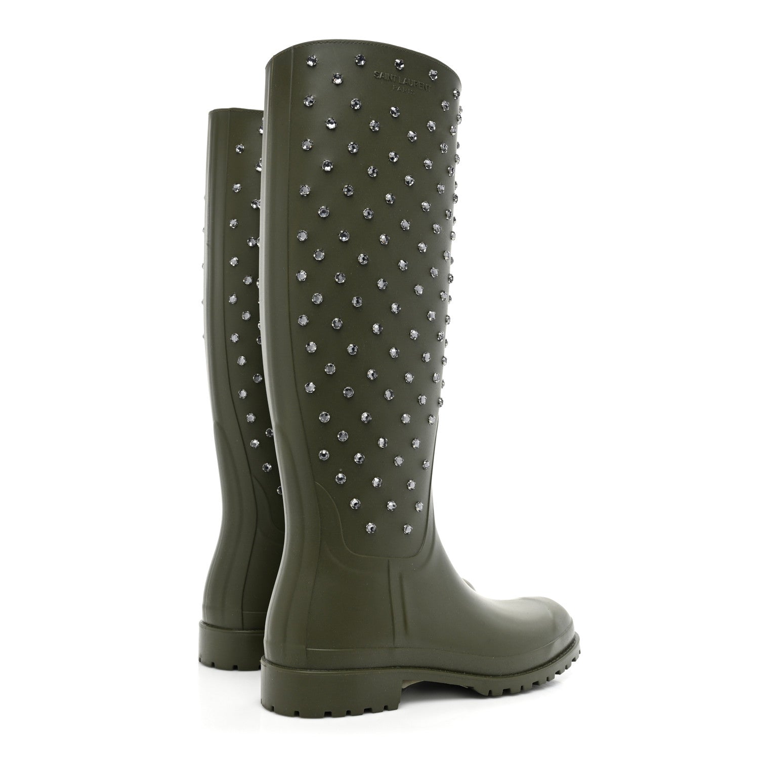 Saint Laurent Rubber Studded Festival Rain Boots 37 New Kaki Fonce 5 of 14