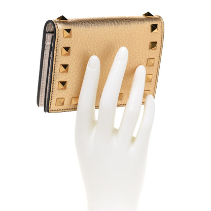 Valentino Garavani Metallic Pebbled Calfskin Rockstud French Flap Wallet Antique Brass 2 of 7