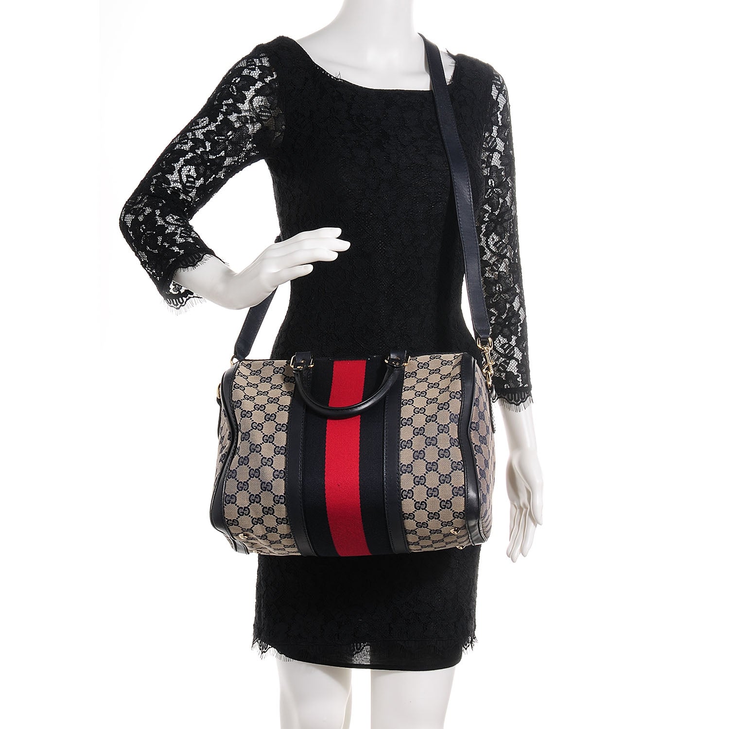 Gucci Monogram Selleria Calfskin Vintage Web Medium Boston Beige Blue 2 of 8