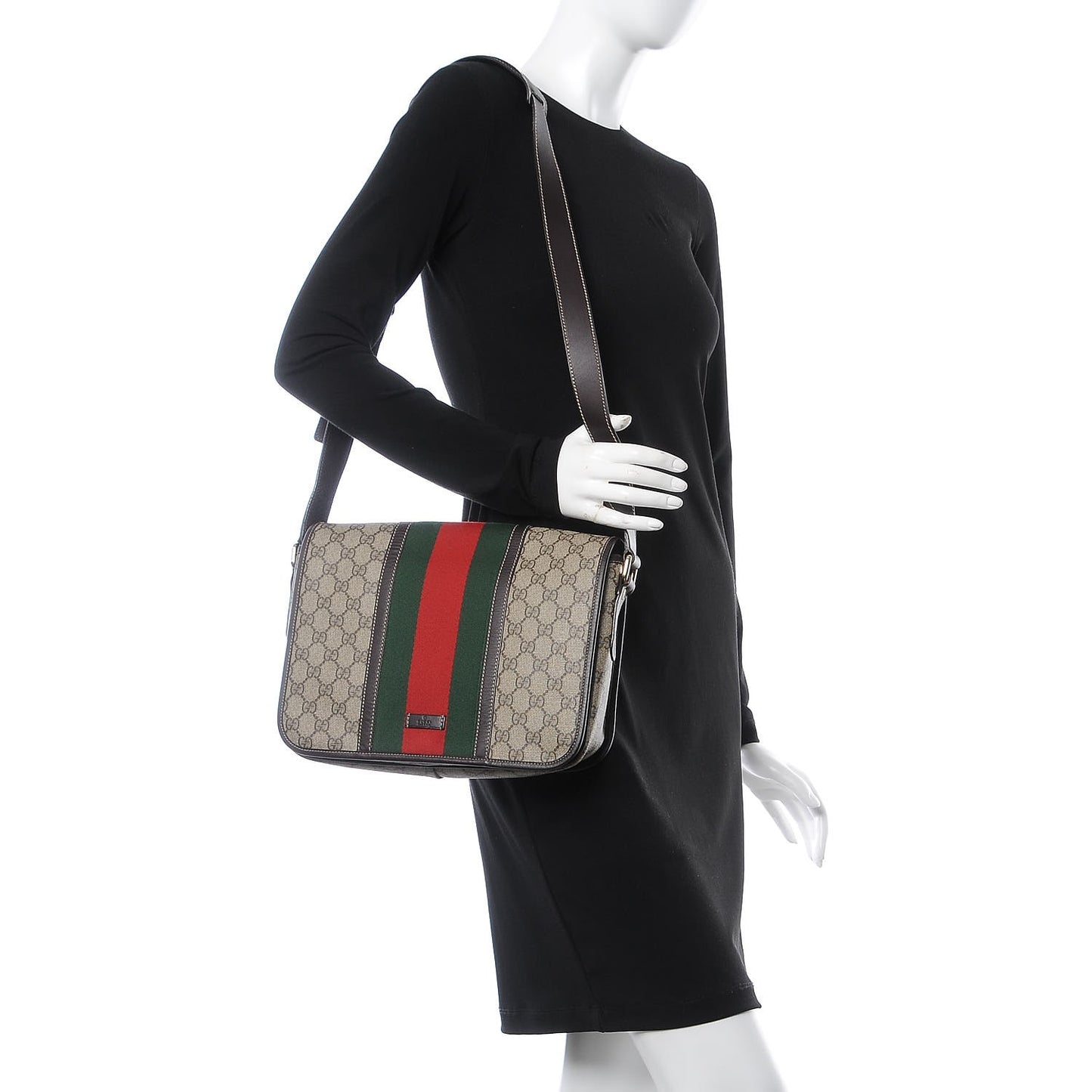 GG Plus Monogram Web Medium Flap Messenger Beige Dark Brown
