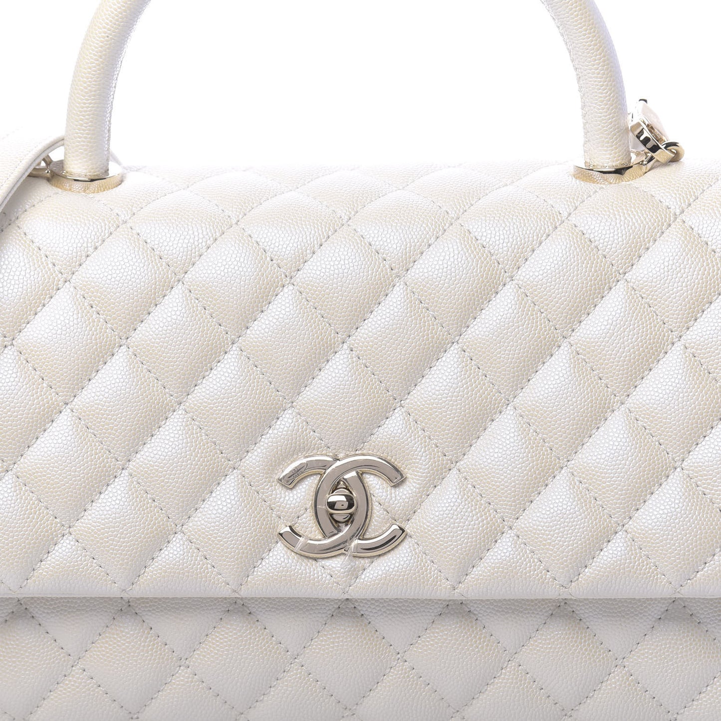 Iridescent Caviar Quilted Small Coco Handle Flap White