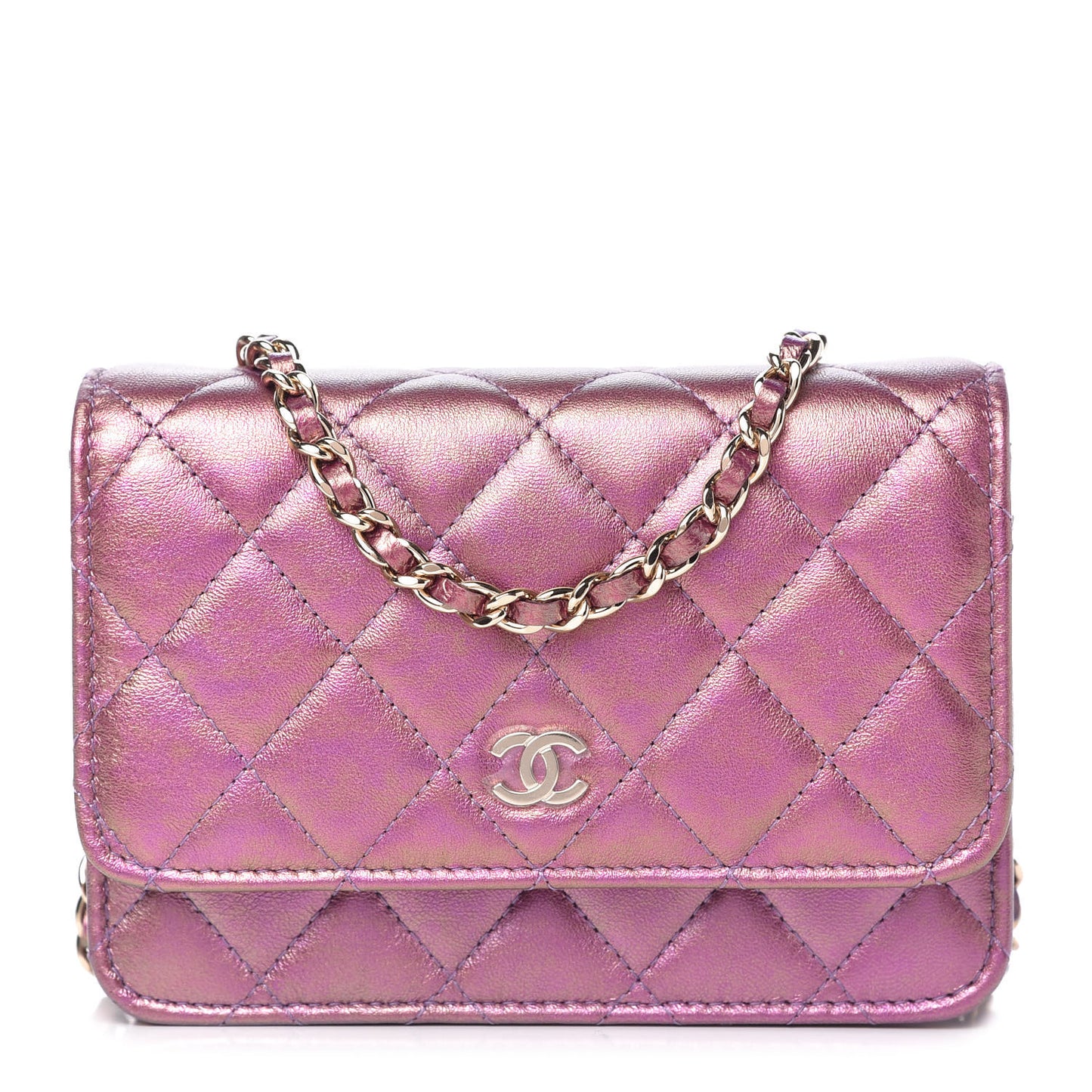 Iridescent Lambskin Quilted Mini Wallet On Chain WOC Purple
