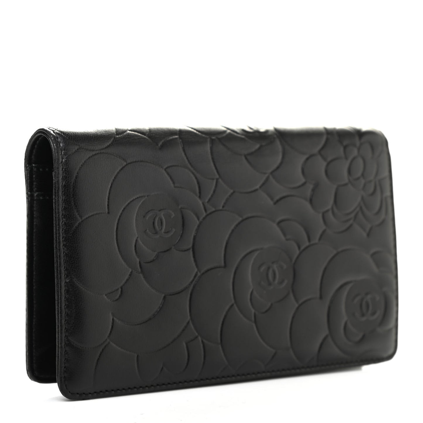 Lambskin Camellia Embossed Yen Wallet Black