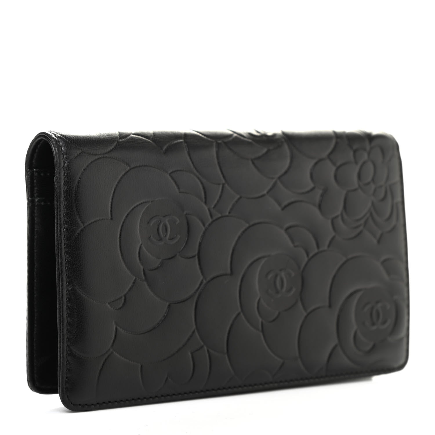 Chanel Lambskin Camellia Embossed Yen Wallet Black 3 of 10