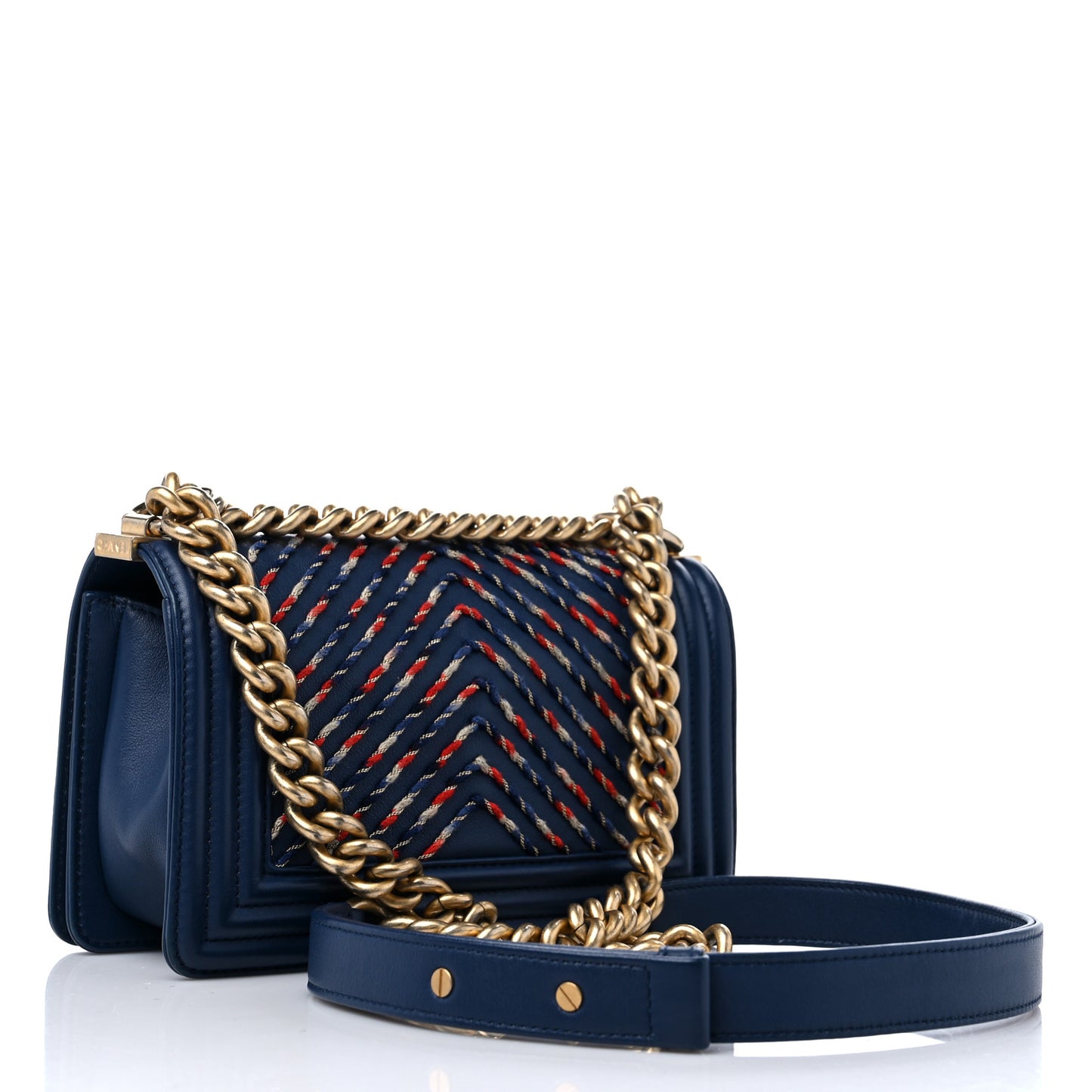 Calfskin Chevron Embroidered Small Boy By The Sea Flap Navy