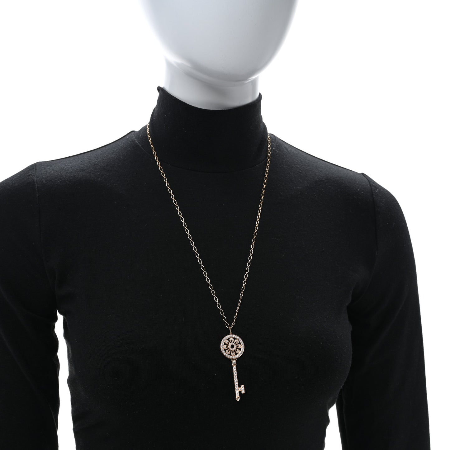 18K Rose Gold Diamond Petals Key Pendant Oval Link Necklace