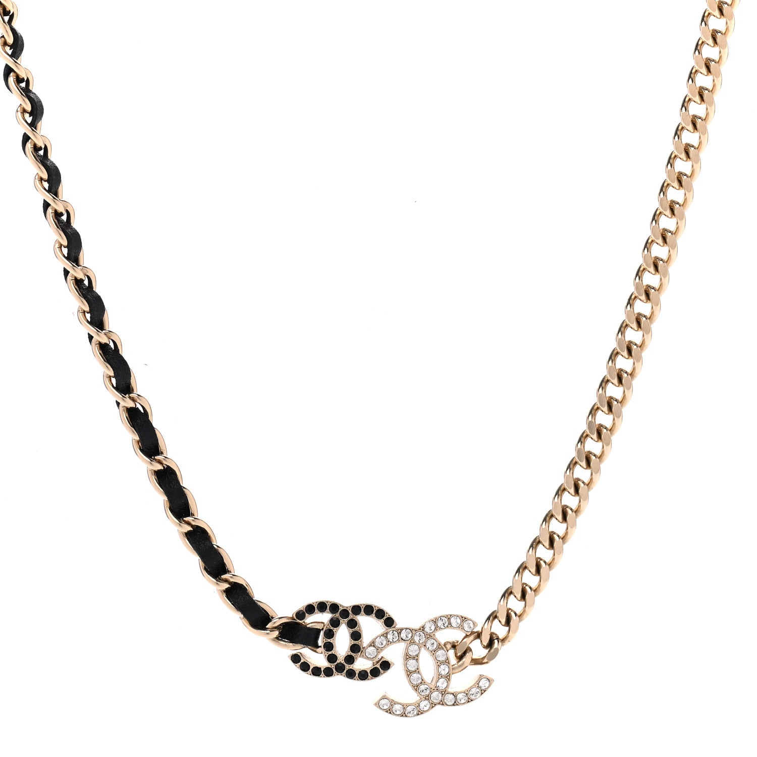 Chanel Metal Calfskin Crystal Double CC Short Necklace Black Gold 1 of 7